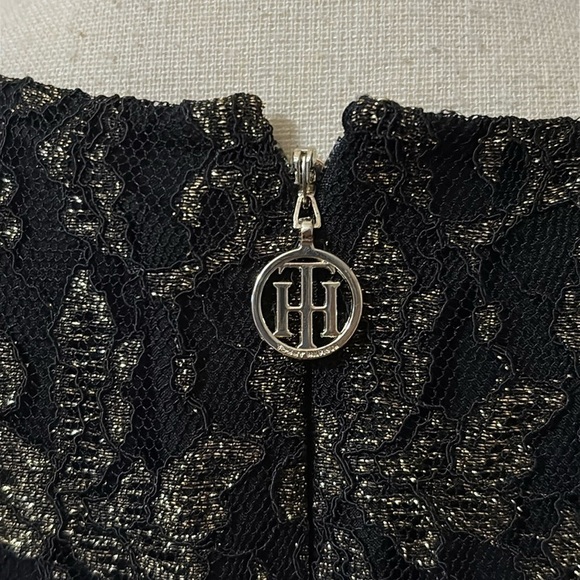 Tommy Hilfiger Black Gold Floral Mesh Lace Dress Flutter Sleeve Dress Sz. 12 - Picture 12 of 14